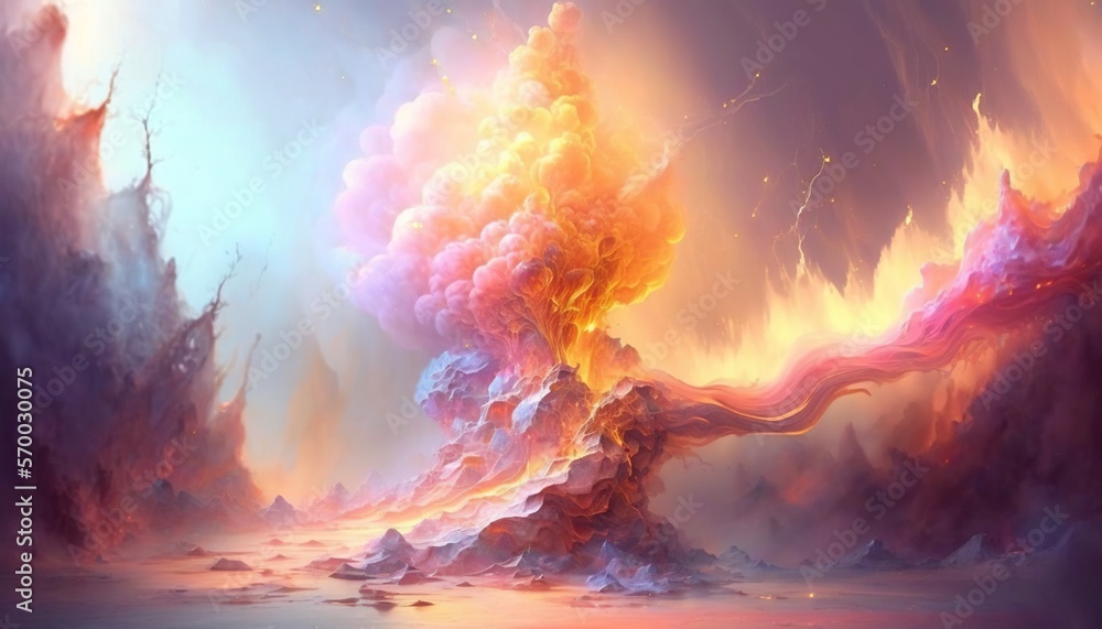 Aufkleber a painting of a volcano with lava and lava in the foreground and a blue sky in the background with c