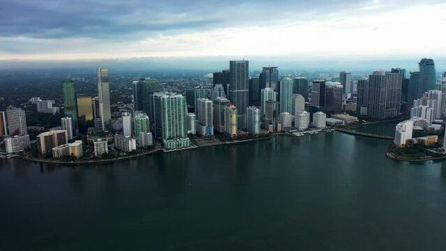 Aerial view of Miami downtown skyline with skyscrapers along the bay, Florida, United States.
