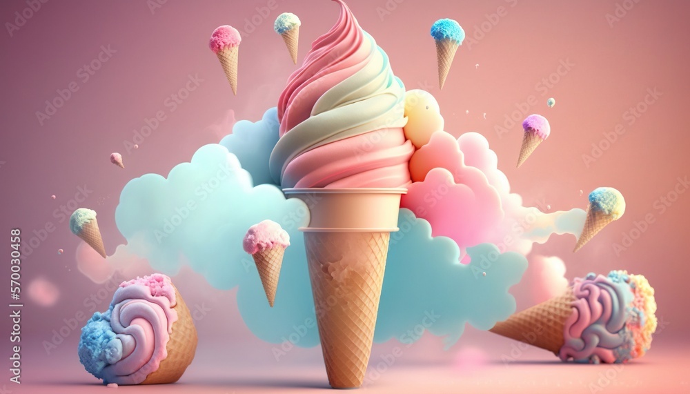 Poster an ice cream cone with three scoops of ice cream on top of it, surrounded by clouds and ice cream co