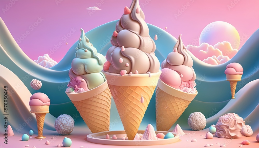 Aufkleber three scoops of ice cream in a cone with a pink and blue background and a pink and blue wave in the 