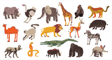 Fototapeta na wymiar Collection of African animals set. Elephant, hippo, rhino, lion herbivores and carnivores vector illustration