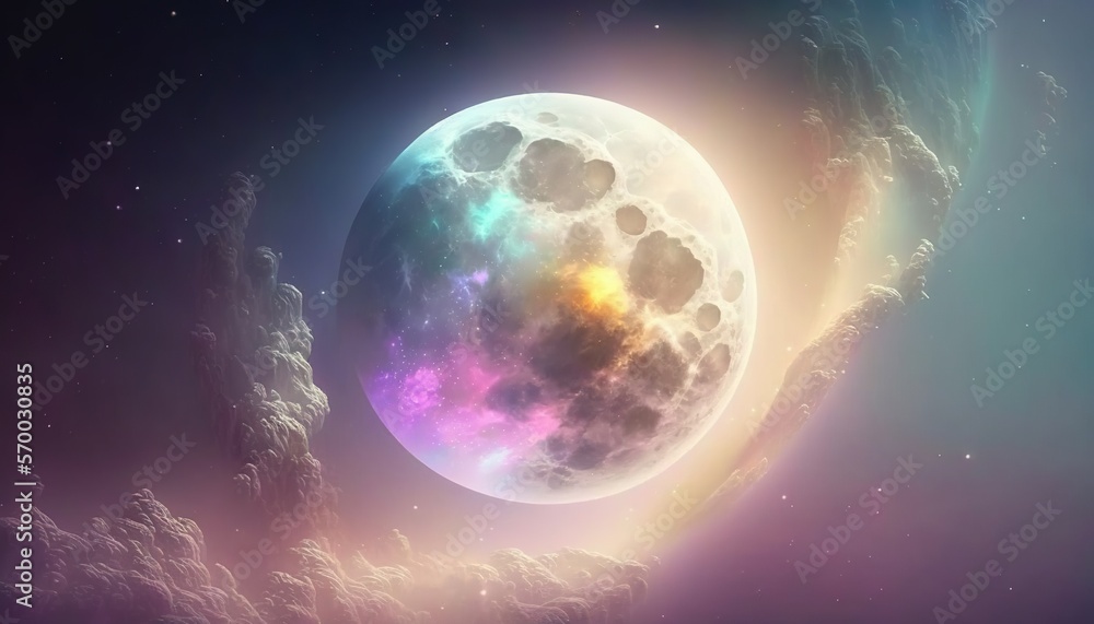 Poster an image of the moon in the sky with clouds and stars in the sky with a bright light coming from the