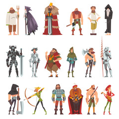 Fototapeta na wymiar Medieval People Characters with Peasant, King, Warlock, Knight, Headsman, Archer and Bard Vector Set
