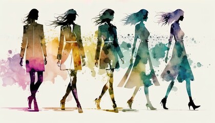 female fashion show, models on a catwalk, people art, watercolor illustration, for magazin, flier, blog, shop. Generative AI