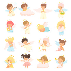 Cute Baby Angels with Nimbus and Wings Vector Set