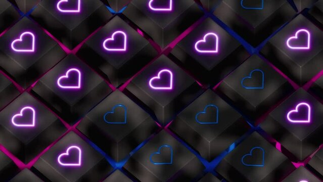 Keyboard keys with heart signs. Neon hearts vj loop background. 3d animation.
