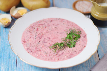 A plate with cold beetroot soup - national dish of Baltic region