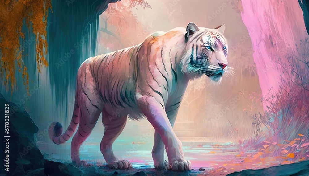Aufkleber a white tiger standing in the middle of a forest with trees and rocks on either side of it's face an