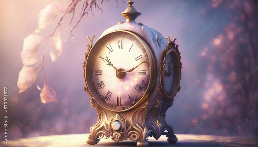 Poster a clock sitting on top of a table next to a flower filled tree with pink flowers in the background a