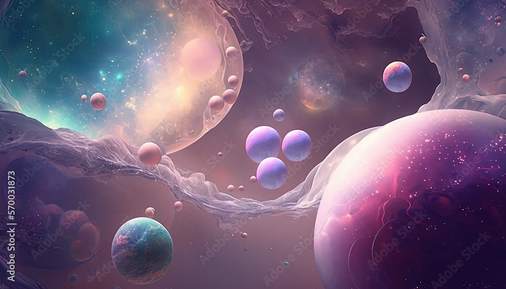 Poster a computer generated image of a space scene with planets and a stream of water on the surface of the