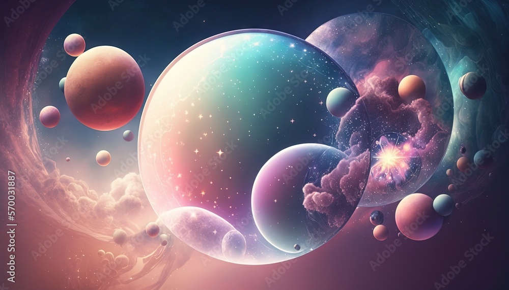 Poster a group of planets floating in the sky with clouds and stars around them, with the sun in the center