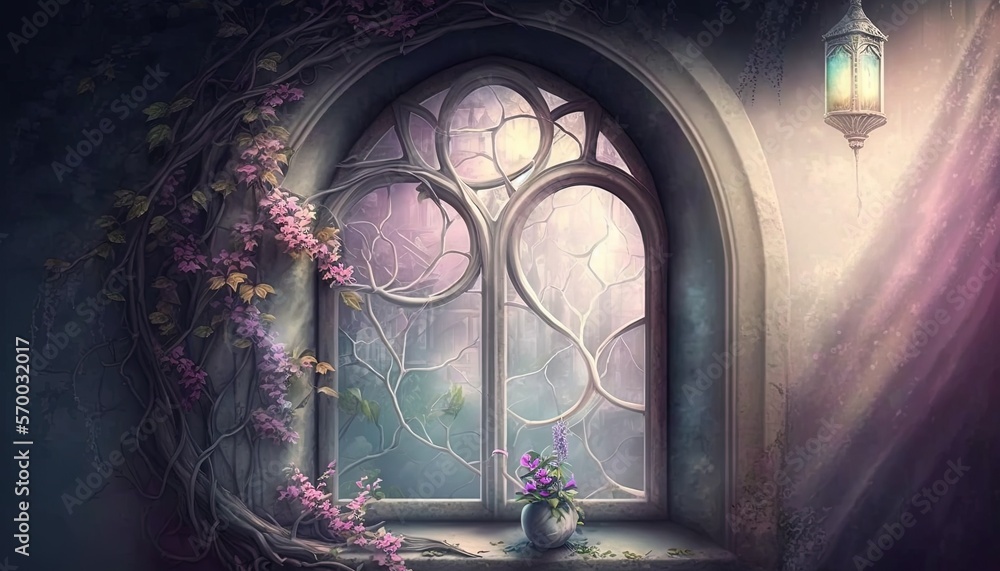 Poster a painting of a window with vines and a vase of flowers on the window sill in front of a lamppost wi