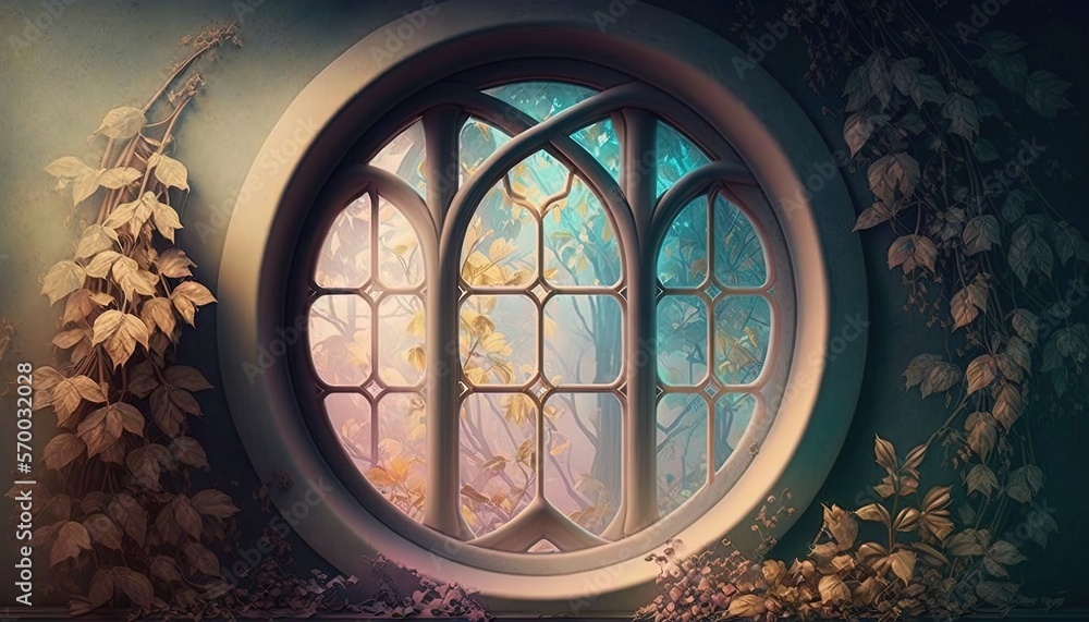 Poster a painting of a window in a wall with vines and vines around it and a vine growing up the side of th