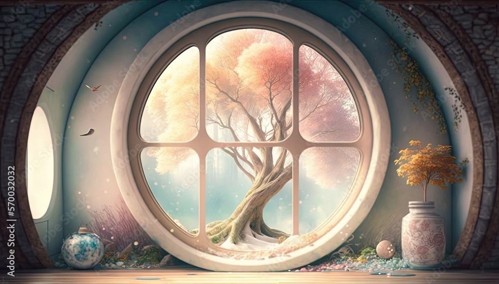 Poster a window with a tree in it and a vase in front of it and a vase with a tree in it in front of a wind