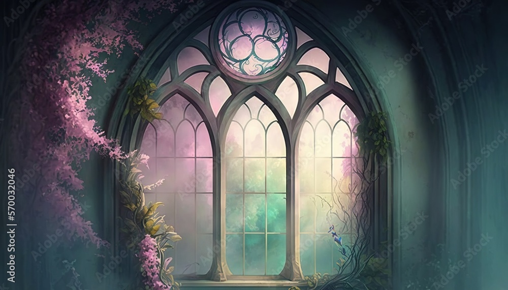 Poster a painting of a window in a building with flowers growing out of the window and a bench in front of 