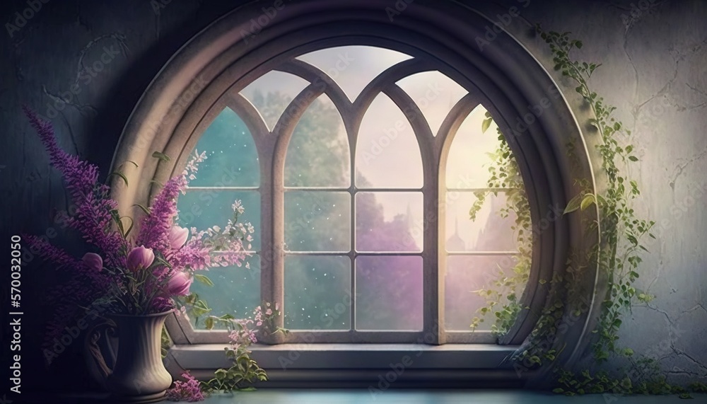 Poster a vase of flowers sitting in front of a window with a view of the outside of the building and the ou
