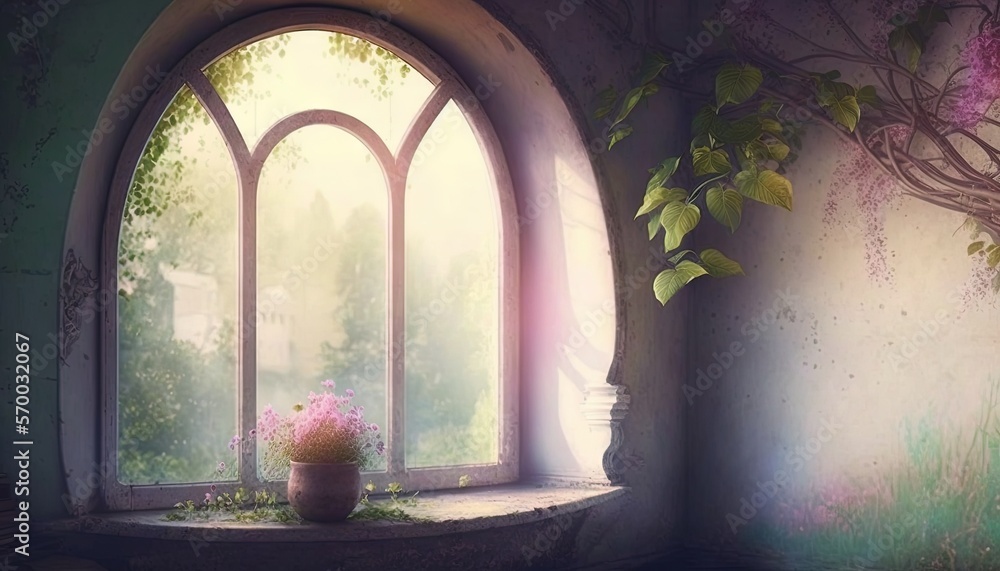 Poster a window with a potted plant on the window sill in front of a wall with a painting of a tree and a w