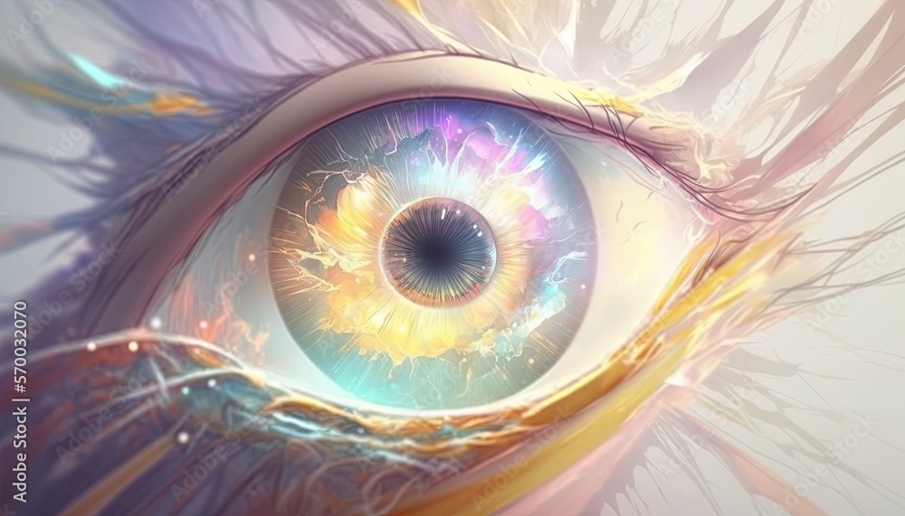 Poster a close up of an eye with a colorful iris in the center of the iris, with a white background and a b