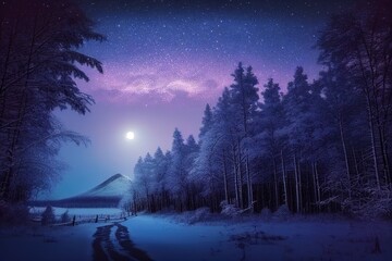 Beautiful snow-covered forest at night, fir trees, pines, it's snowing. Mountains and the moon.