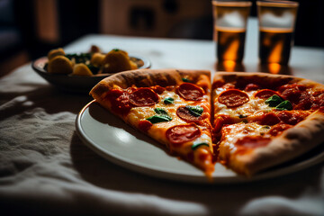 Pizza on a plate in house on a wooden table. Italy pizza cooked at home on weekend day. Traditional Italian Pizza mozzarella, with pepper, tomatoes and salami. Delivery from pizzeria.