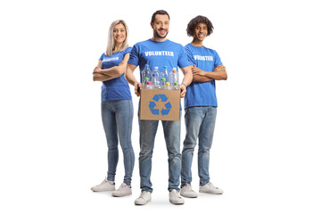 Group of volunteers with a box of plastic bottles for recycling