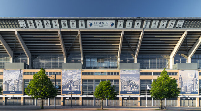 Wide panorama of the facade of Parken Stadium, home  for FC Copenhagen (Dan. FC K&oslash;benhavn). Copenhagen, Denmark - May 2022