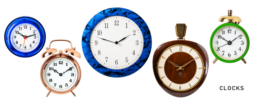 Different clock and alarm clock set. PNG isolated with transparent background. Flat lay, top view. Without shadow.