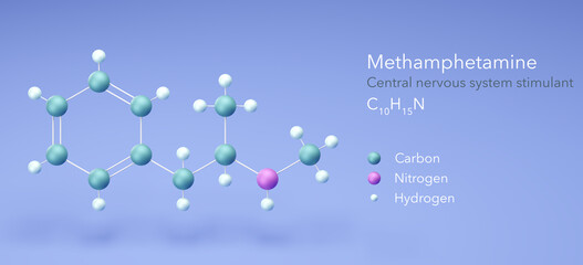 methamphetamine molecule, molecular structures, cns stimulant, 3d model, Structural Chemical Formula and Atoms with Color Coding