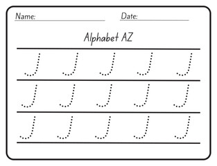 Alphabet tracing practice Letter J. Tracing practice worksheet. Learning alphabet activity page