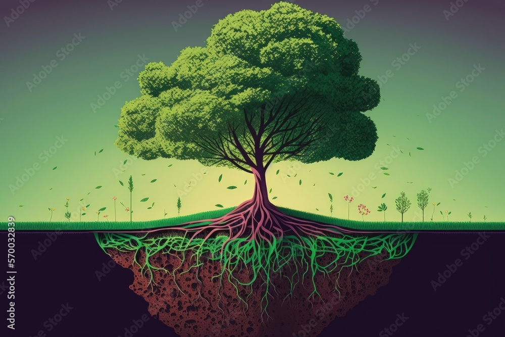 Poster a tree that is growing on soil above lush grass. digital convergence and technological convergence i