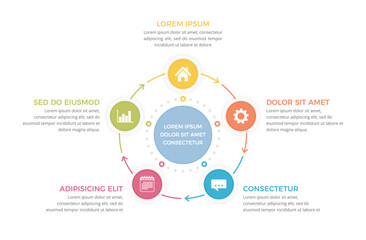 Circle diagram template with five steps or options, process infographics