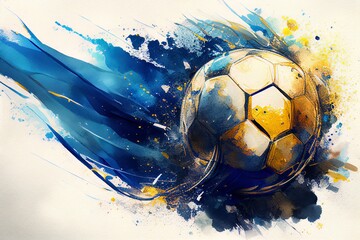  watercolor drawing of a soccer ball on paper with blue and gold paints Generative AI
