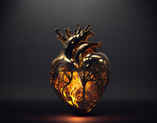 Dark chrome Human heart with fire and glow inside, love and emotion concept, passion heart, on a dark gray background. Illustration. AI Generative.
