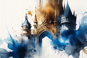drawing on paper with watercolors of an old castle in blue and gold paints  Generative AI