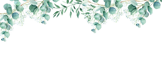 Floral watercolor banner. Green eucalyptus, pistachio and gypsophila branches isolated on white background. Rustic romantic style. Floral design frame. Can be used for cards, wedding invitations