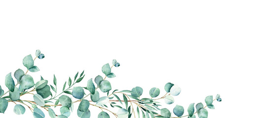 Floral watercolor banner. Green eucalyptus and pistachio branches isolated on white background. Rustic romantic style. Floral design frame. Can be used for cards, wedding invitations, banners, blog © Tatiana