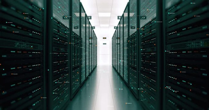 Cloud computing and computer networking. Server room in data center. Transferring high speed data.