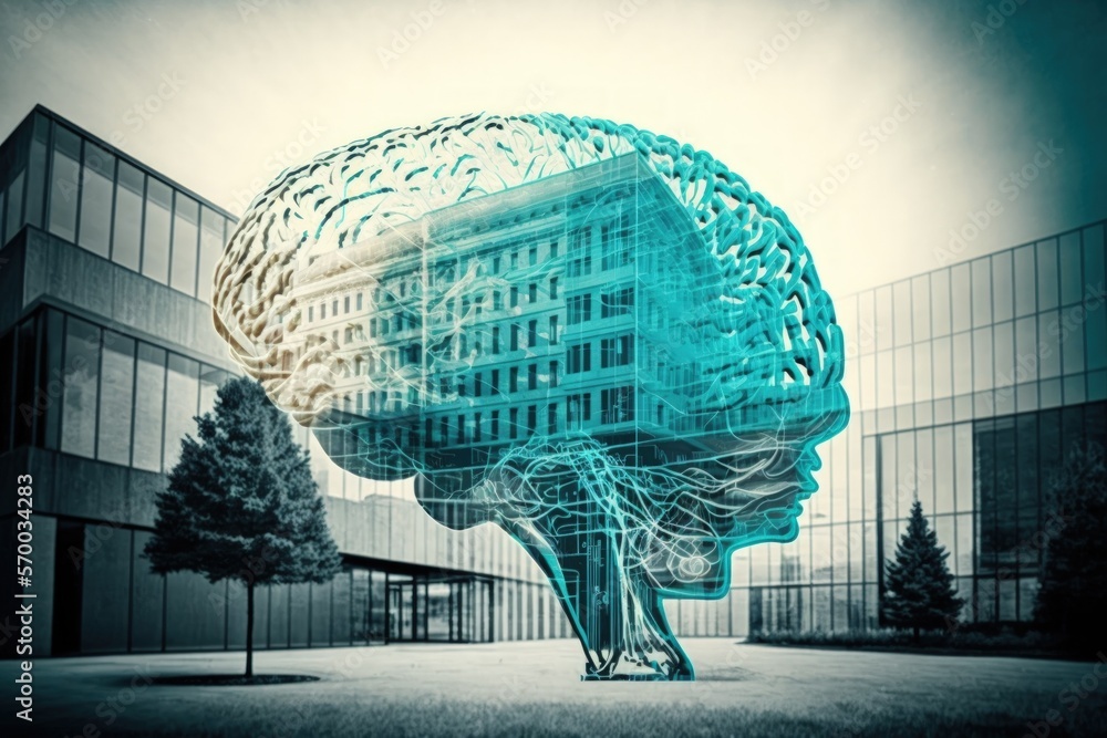 Poster artificial intelligence hologram with a sketch of the human brain against a background of a modern o