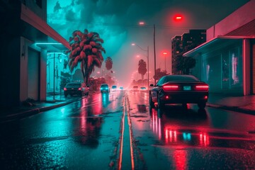 Fototapeta na wymiar Blue Night city lights. Neon urban future. Rainy Futuristic city in a cyberpunk style. Photorealistic Generative AI illustration. Futuristic skyscrapers with neon lights.