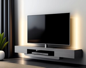 An interior design project using a floating shelf TV stand in grey.