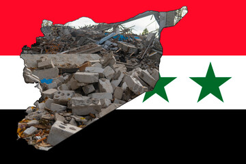 Earthquake in Syria. Remains of a destroyed building. A picture in the form of a map of Syria against the background of the national flag of Syria