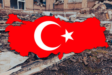 Earthquake in Turkey. The national flag of Turkey in the form of a map of Turkey against the...