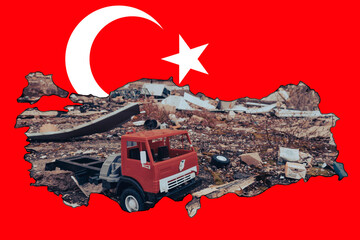 Children's toy on the background of the destroyed building. A picture in the form of a map of...