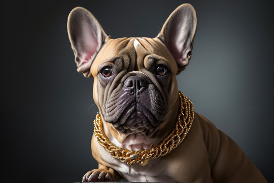 A French Bulldog wearing a gold chain around its neck, surrounded by a glittering array of jewelry and trinkets. Generative AI.