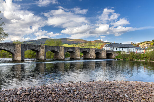 The Crickhowell Bridge, an 18th century arched stone bridge spanning the river Usk in Crickhowell, Brecon Beacons, Powys, Wales, the longest stone bridge in Wales. 