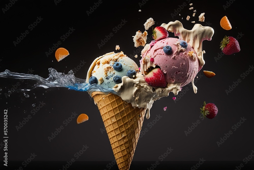 Poster a scoop of ice cream with strawberries and blueberries falling into the ice cream cone with a splash