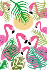 Seamless pattern with flamingos, sun and palm leaves