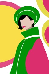 Illustration of a woman in green hat with white stripe and green and pink colourblock coat