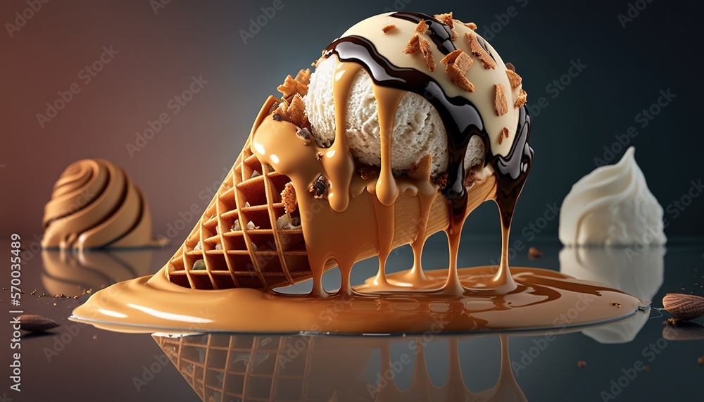 Poster a waffle cone filled with ice cream and topped with a generous helping of caramel sauce the backgrou