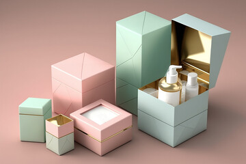 Composition of boxes and cosmetic bottles mock up. Generative IA